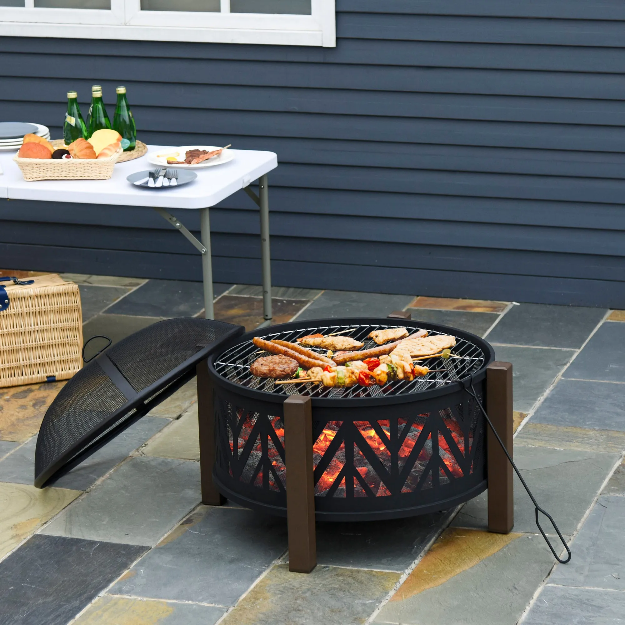 31" Outdoor Fire pit, 2-in-1 Round Firepit Brazier with Lid, BBQ Grill & Poker, Black