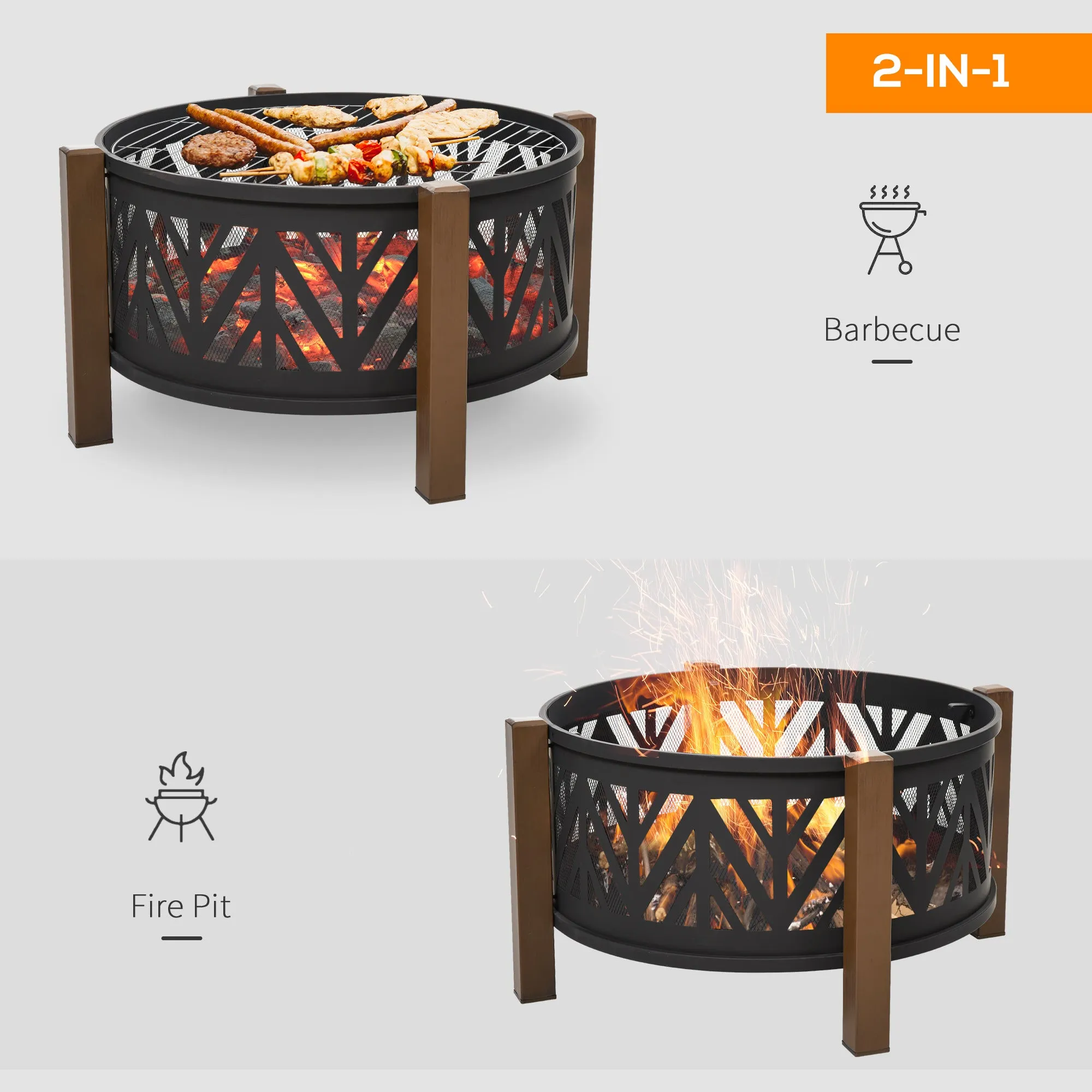 31" Outdoor Fire pit, 2-in-1 Round Firepit Brazier with Lid, BBQ Grill & Poker, Black