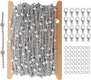 32-Feet 2mm Stainless Steel Satellite Chains Kit, with 20 Lobster Clasps 50 Jump Rings, Cable Chain for Necklace Bracelet DIY Craft Jewelry Making(2141-B)