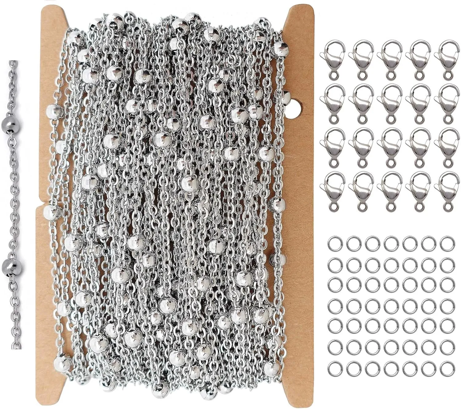 32-Feet 2mm Stainless Steel Satellite Chains Kit, with 20 Lobster Clasps 50 Jump Rings, Cable Chain for Necklace Bracelet DIY Craft Jewelry Making(2141-B)