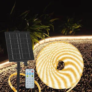 32.8Ft Solar Strip Lights Outdoor, IP68 Fully Waterproof LED Strip Lights with Timer Remote Auto ON/Off, Self-Adhesive Strip Lights for Camping Pool Patio Decor (Warm White)