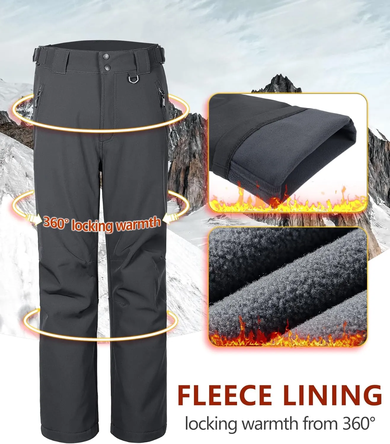 33,000ft Men's Winter Snow Ski Fleece Lined Pants Warm Waterproof Softshell Insulated for Snowboard Outdoor Work Hiking