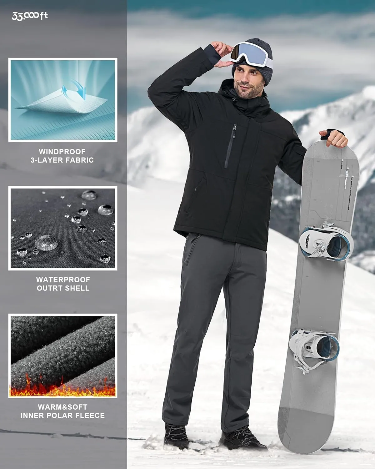 33,000ft Men's Winter Snow Ski Fleece Lined Pants Warm Waterproof Softshell Insulated for Snowboard Outdoor Work Hiking