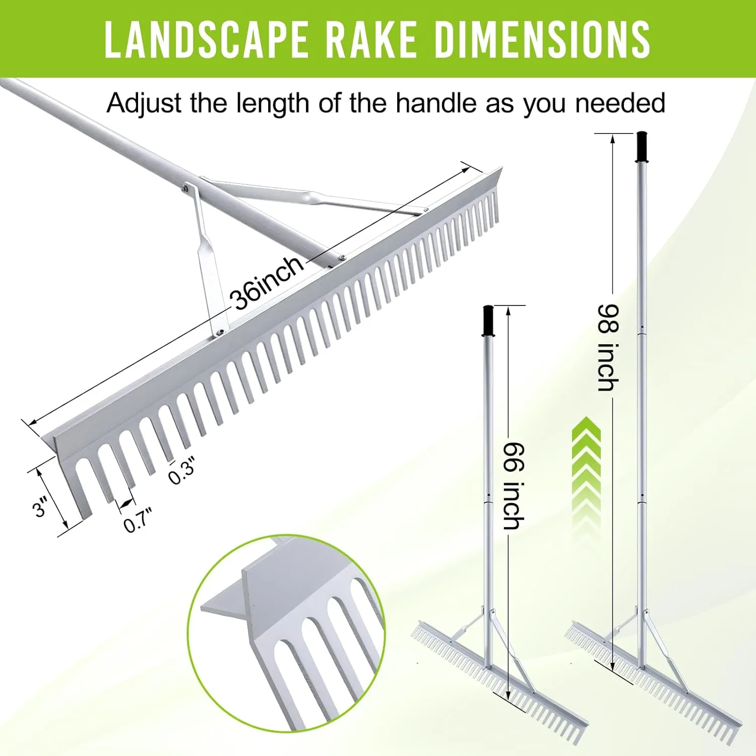 36 Inch Aluminum Landscape Rake, Garden Rake, Heavy Duty Rakes for Lawns, Metal Rake for Gardening, Loosening Soil, Lawn Care, Lake and Beach