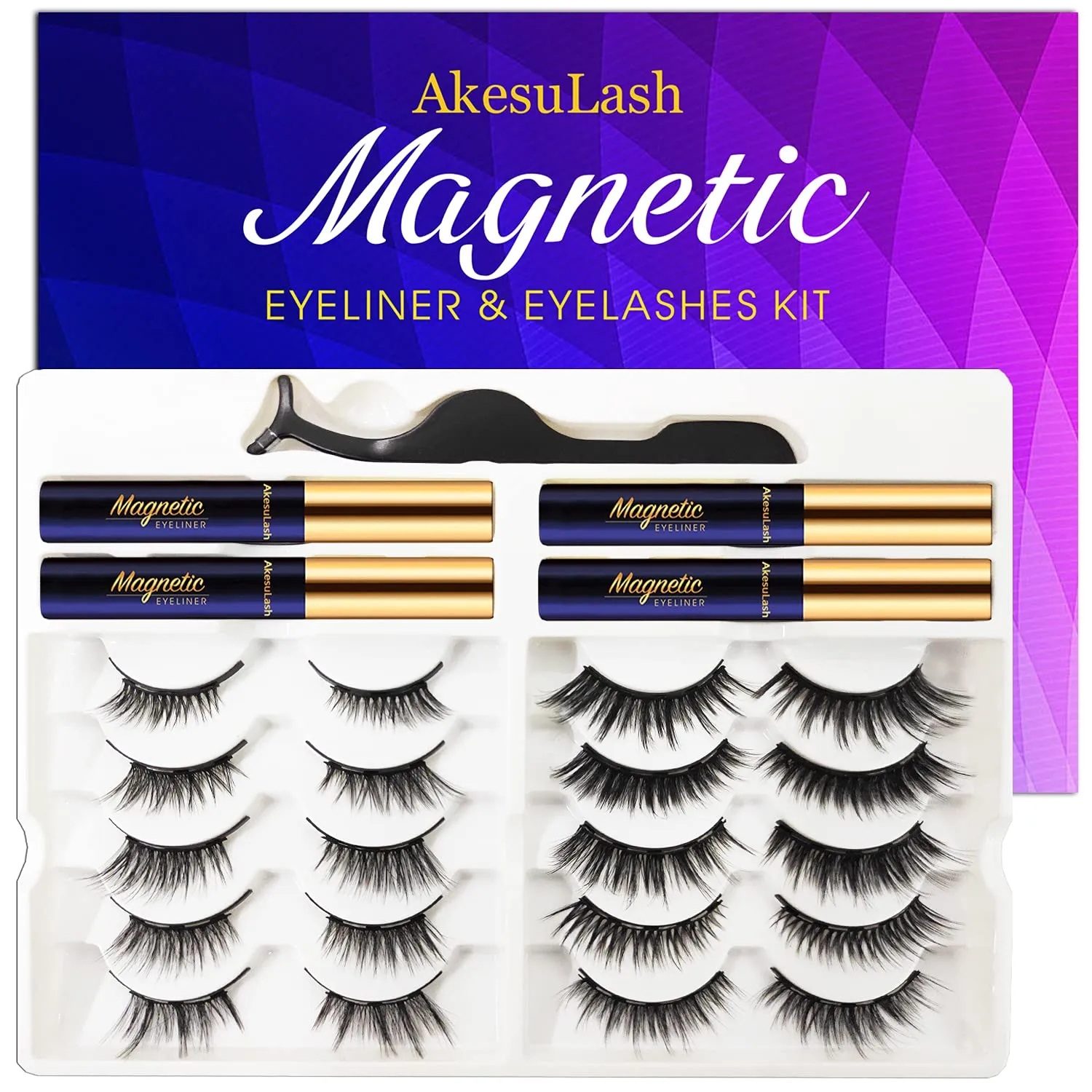 3D Magnetic Eyelashes With Eyeliner Kit - Magnetic Lashes Natural Looking with Applicator - 10 Pairs Reusable Magnetic Eyelash Kit - Dramatic Looking False Eyelashes - Easy to Apply (5 Accents   5 Full, Black Lashes)