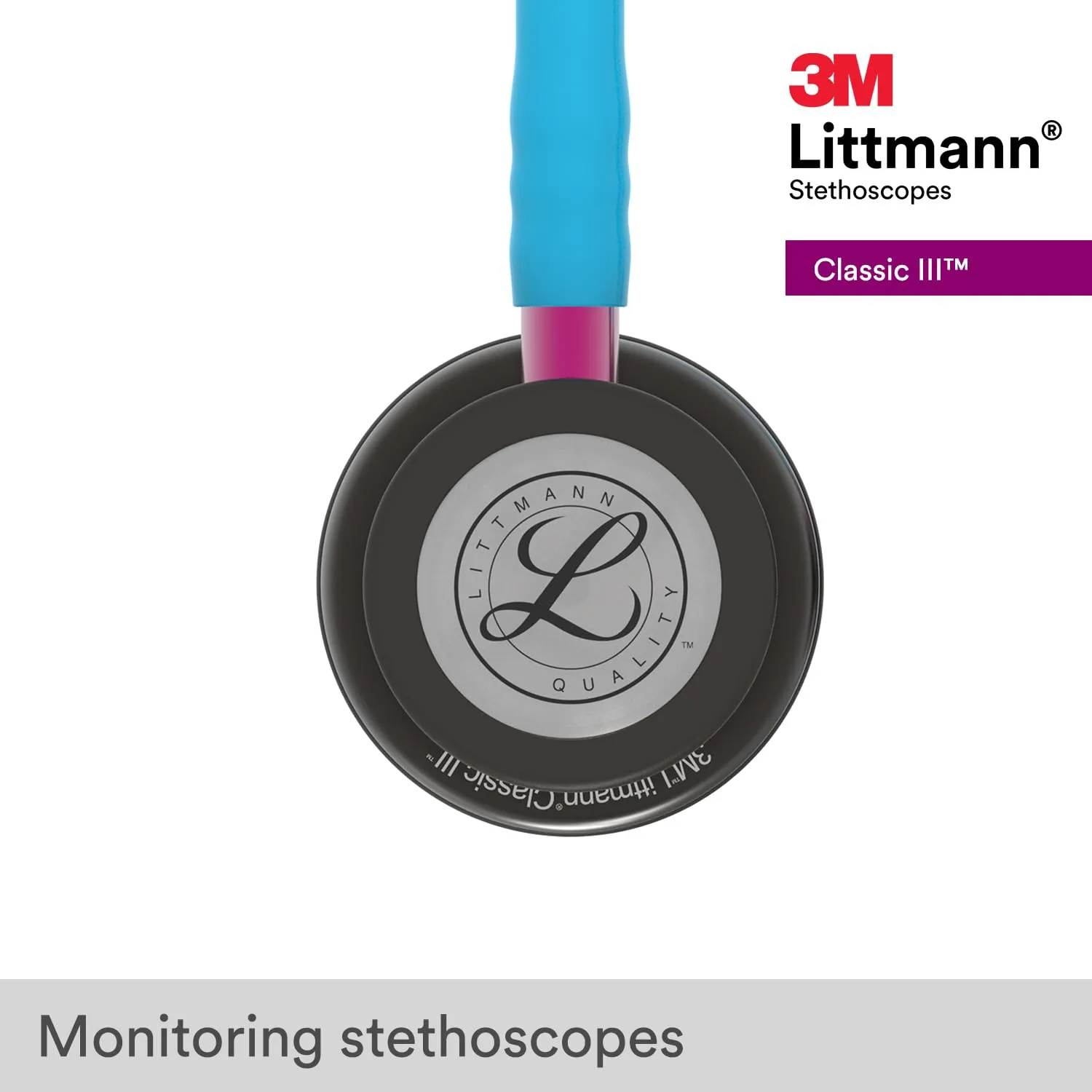 3M Littmann Classic III Monitoring Stethoscope, 5872, More Than 2X as Loud, Weighs Less, Stainless Steel Smoke-Finish Chestpiece, 27' Turquoise Tube, Pink Stem, and Smoke Headset