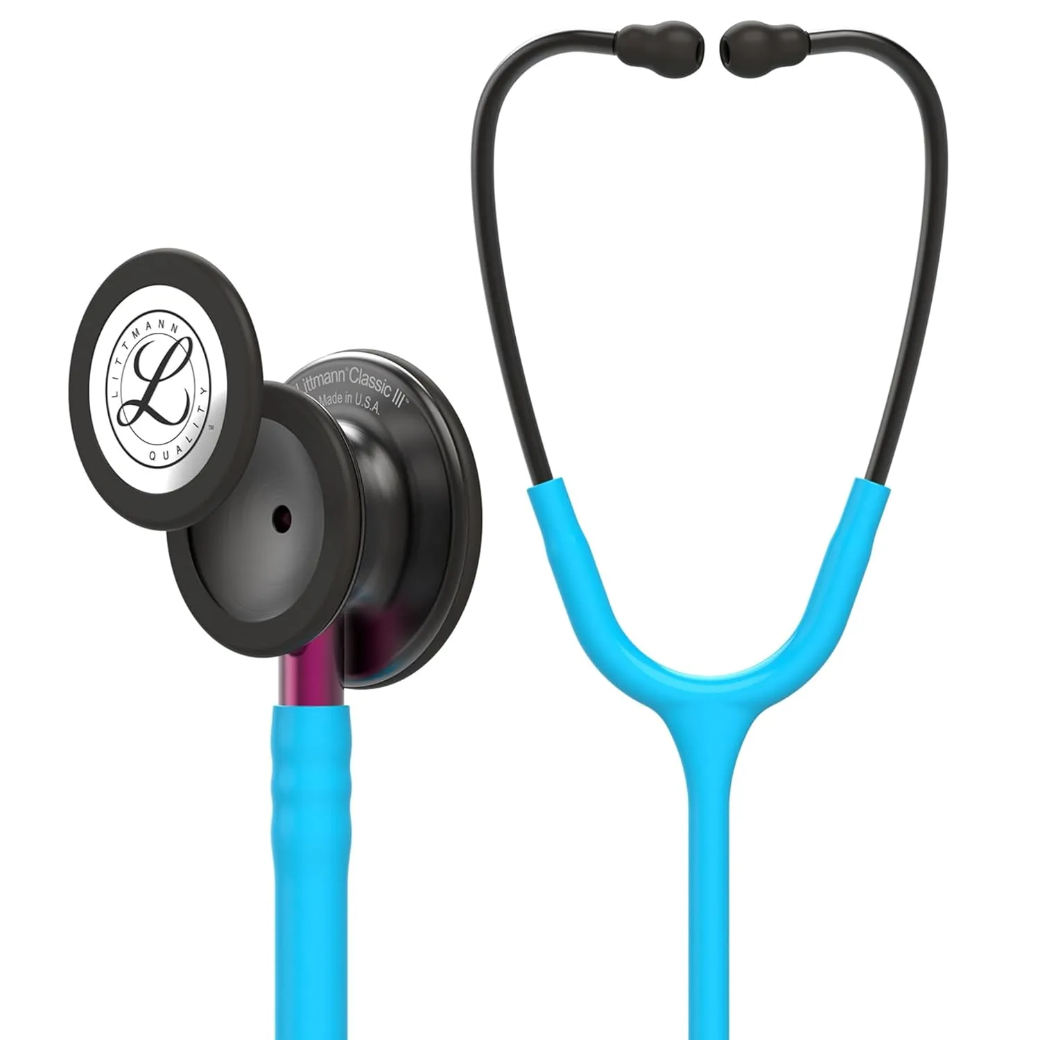 3M Littmann Classic III Monitoring Stethoscope, 5872, More Than 2X as Loud, Weighs Less, Stainless Steel Smoke-Finish Chestpiece, 27' Turquoise Tube, Pink Stem, and Smoke Headset