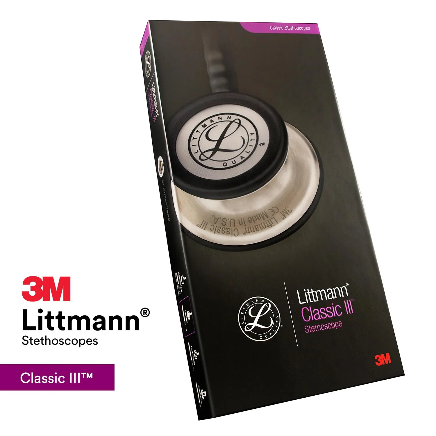 3M Littmann Classic III Monitoring Stethoscope, 5872, More Than 2X as Loud, Weighs Less, Stainless Steel Smoke-Finish Chestpiece, 27' Turquoise Tube, Pink Stem, and Smoke Headset