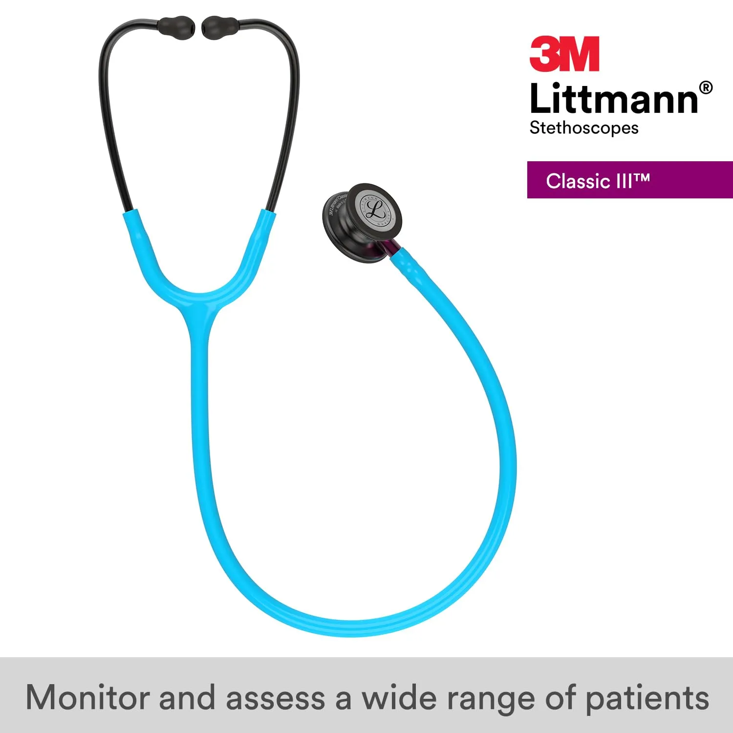 3M Littmann Classic III Monitoring Stethoscope, 5872, More Than 2X as Loud, Weighs Less, Stainless Steel Smoke-Finish Chestpiece, 27' Turquoise Tube, Pink Stem, and Smoke Headset