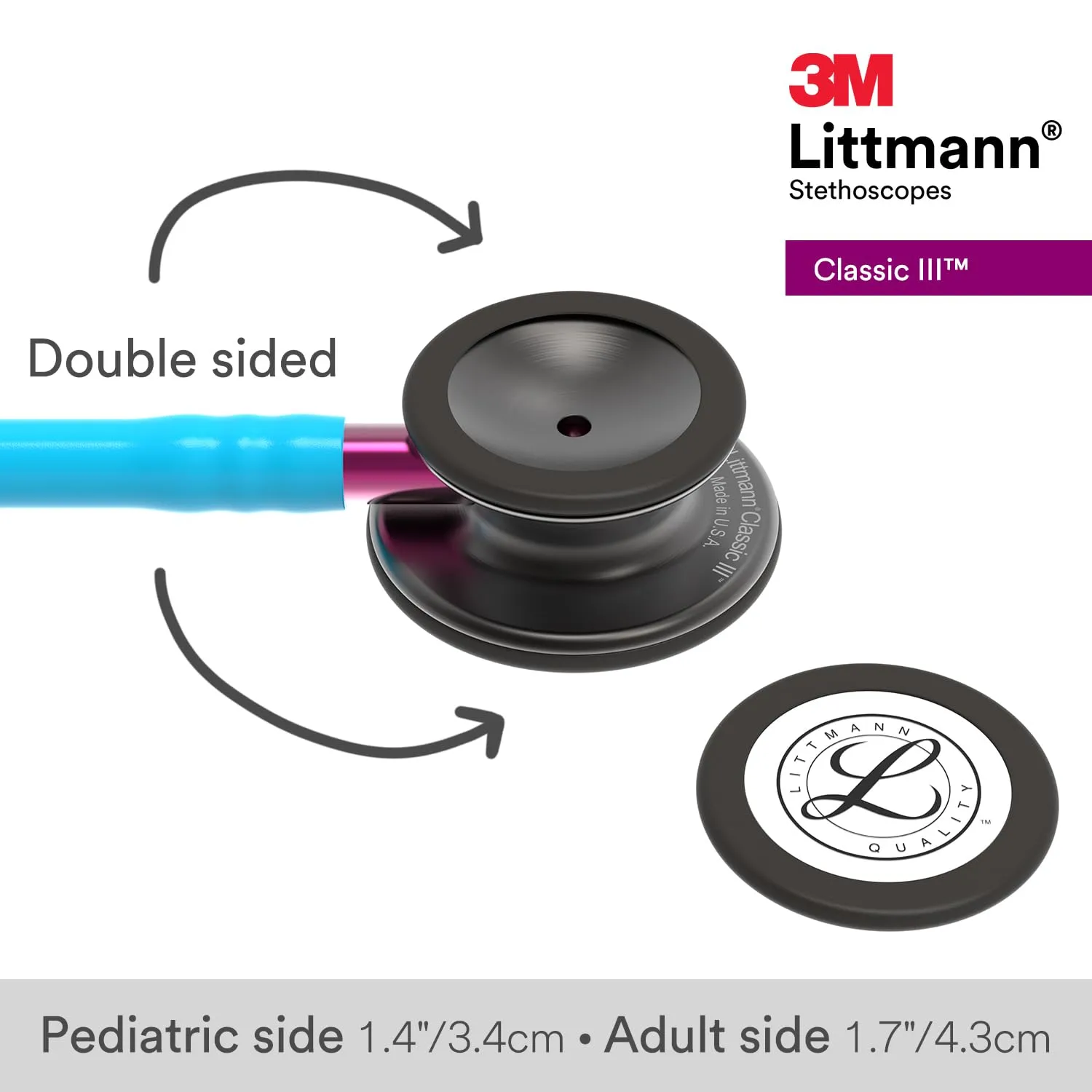 3M Littmann Classic III Monitoring Stethoscope, 5872, More Than 2X as Loud, Weighs Less, Stainless Steel Smoke-Finish Chestpiece, 27' Turquoise Tube, Pink Stem, and Smoke Headset