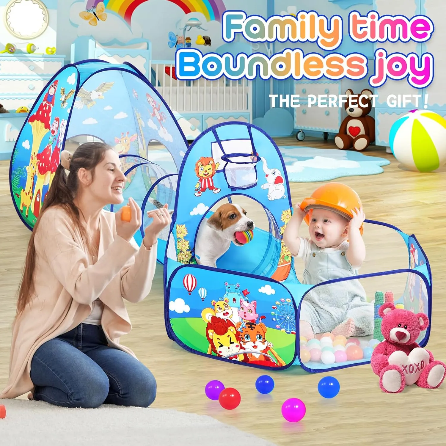 3pc Kids Play Tent with Play Tunnel and Ball Pit, Toddler Tent for Girls and Boys Indoor Playhouse, Gift Toys for Babies (Balls NOT Included)