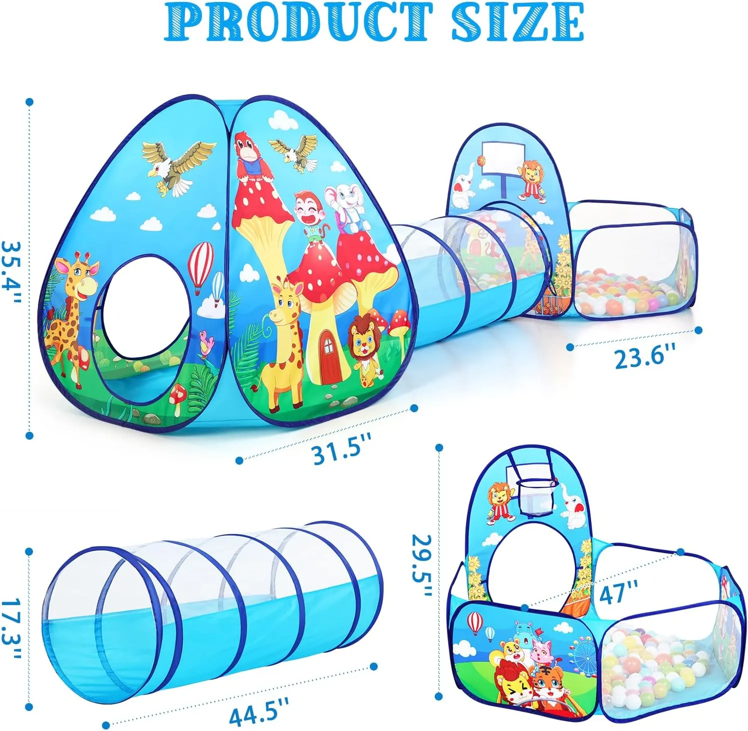 3pc Kids Play Tent with Play Tunnel and Ball Pit, Toddler Tent for Girls and Boys Indoor Playhouse, Gift Toys for Babies (Balls NOT Included)