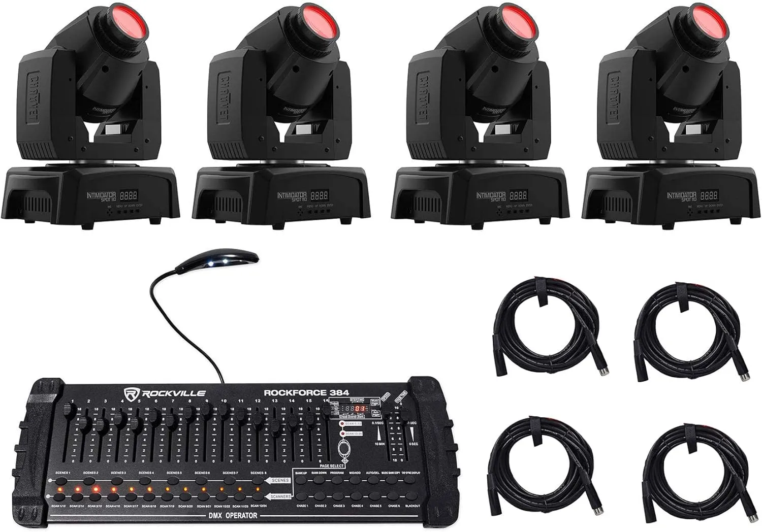 4 Chauvet Intimidator Spot 110 Compact Moving Head Lights DMX Controller Cables
