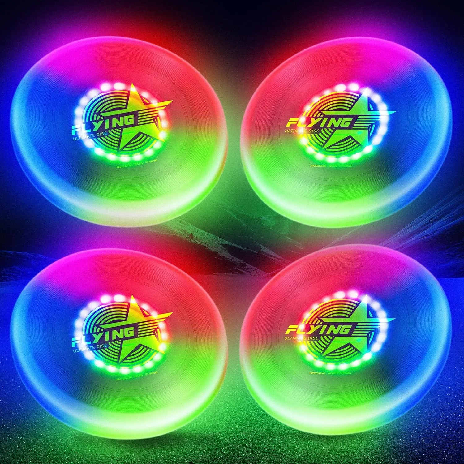 4 of Glow in The Dark LED Flying Disc - 7 Dynamic Modes, 7 Colors, IP65 Waterproof, Perfect Birthday & Camping Gift for Men/Boys/Teens/Kids - Outdoor Games & Cool Toys, 175g