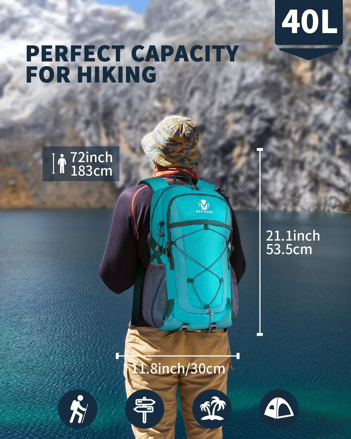40L Hiking Backpack Lightweight Water Resistant Camping Outdoor Sport Trekking Travel Daypack for Men Women（Lake Blue A）