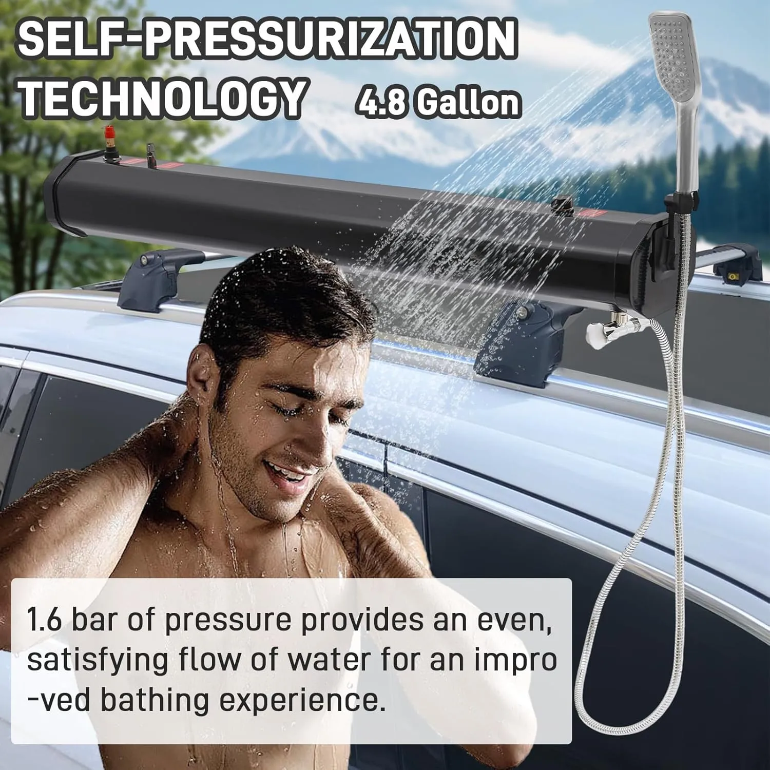 4.8 Gallon Self-Pressurized Water Tank for Camping Showers, Portable Solar Heated Road Shower for Trucks, SUVs, and Off-Road Vehicles, Ideal for Overlanding and Outdoor Activities
