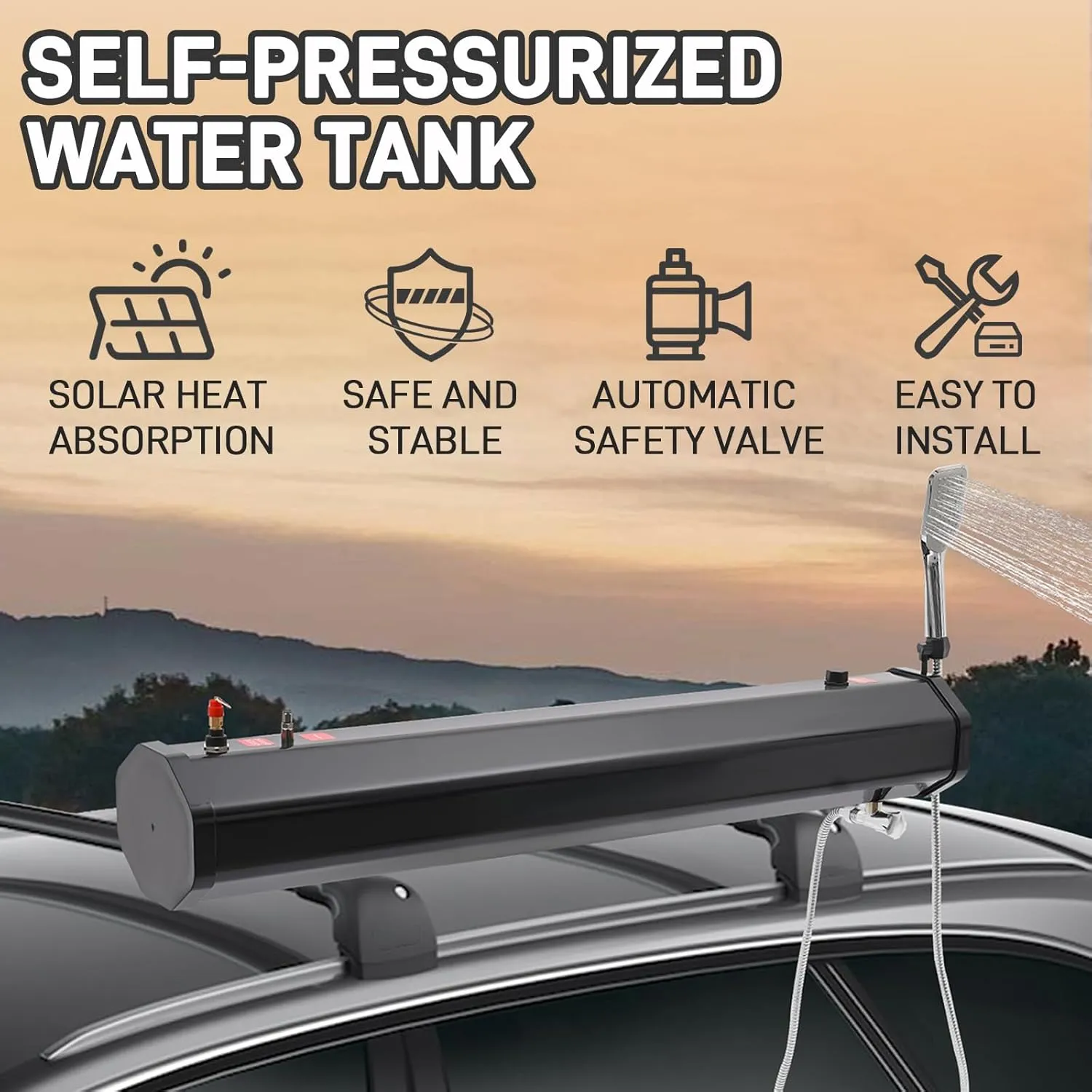 4.8 Gallon Self-Pressurized Water Tank for Camping Showers, Portable Solar Heated Road Shower for Trucks, SUVs, and Off-Road Vehicles, Ideal for Overlanding and Outdoor Activities