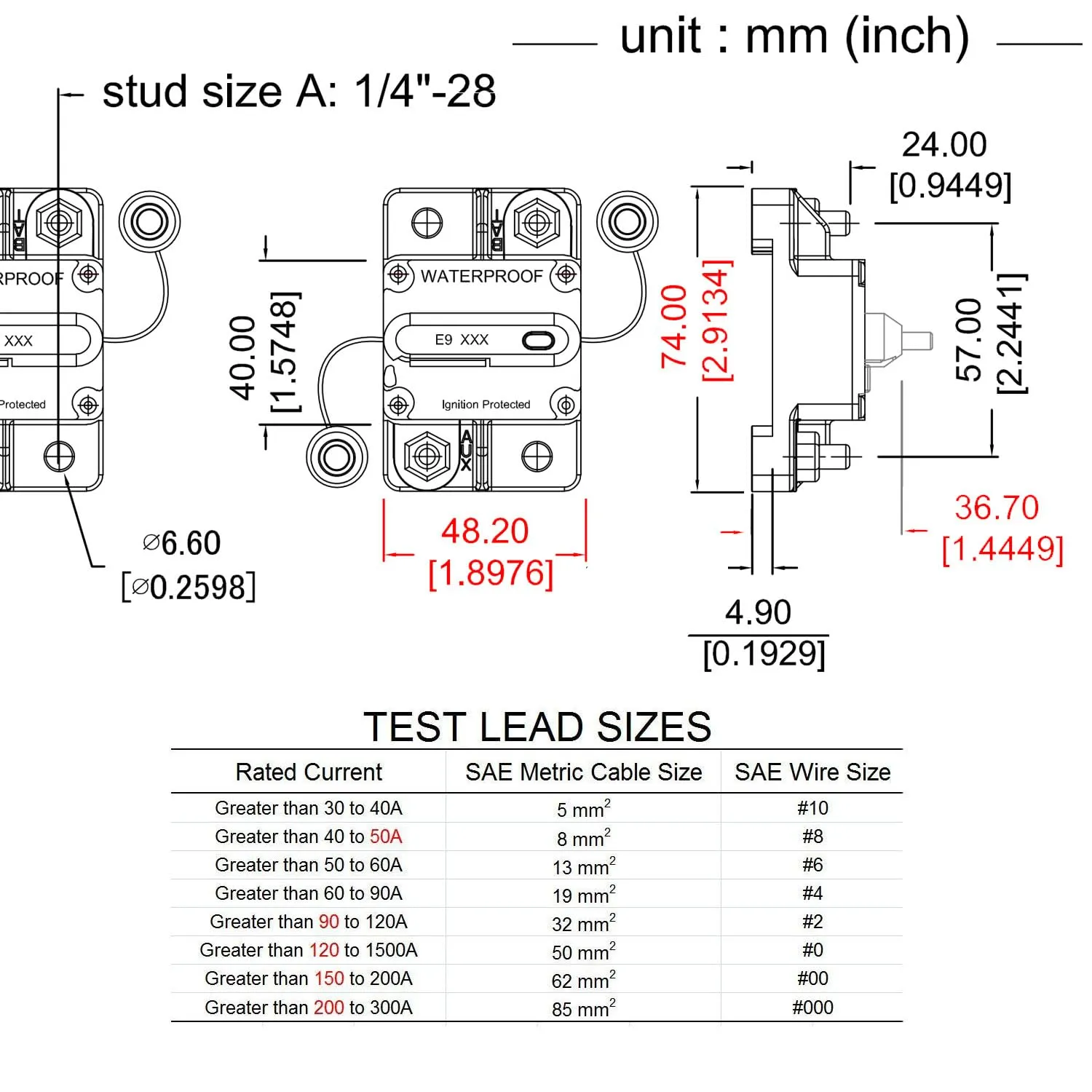 50 Amp Circuit Breakers with Manual Reset Switchable Fuse 50A | 12V-72V DC IP67 Waterproof Protection | UL Certified for Trolling Motor, Automotive, Solar Battery Systems