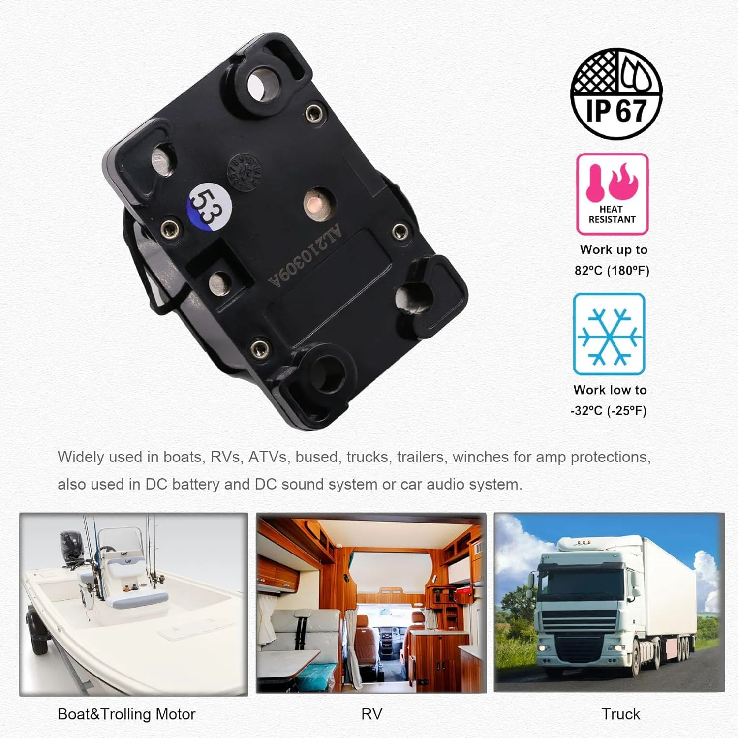 50 Amp Circuit Breakers with Manual Reset Switchable Fuse 50A | 12V-72V DC IP67 Waterproof Protection | UL Certified for Trolling Motor, Automotive, Solar Battery Systems