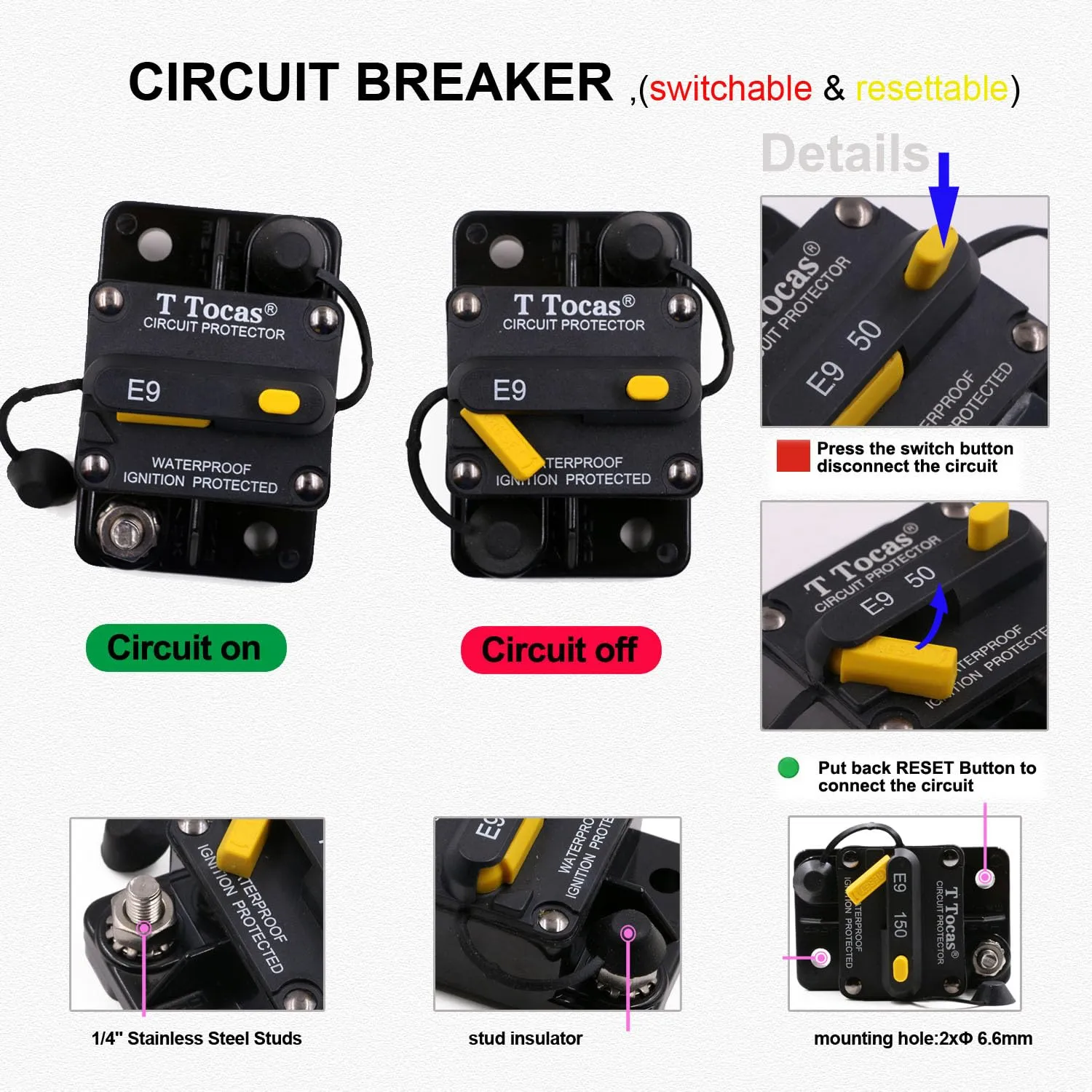 50 Amp Circuit Breakers with Manual Reset Switchable Fuse 50A | 12V-72V DC IP67 Waterproof Protection | UL Certified for Trolling Motor, Automotive, Solar Battery Systems