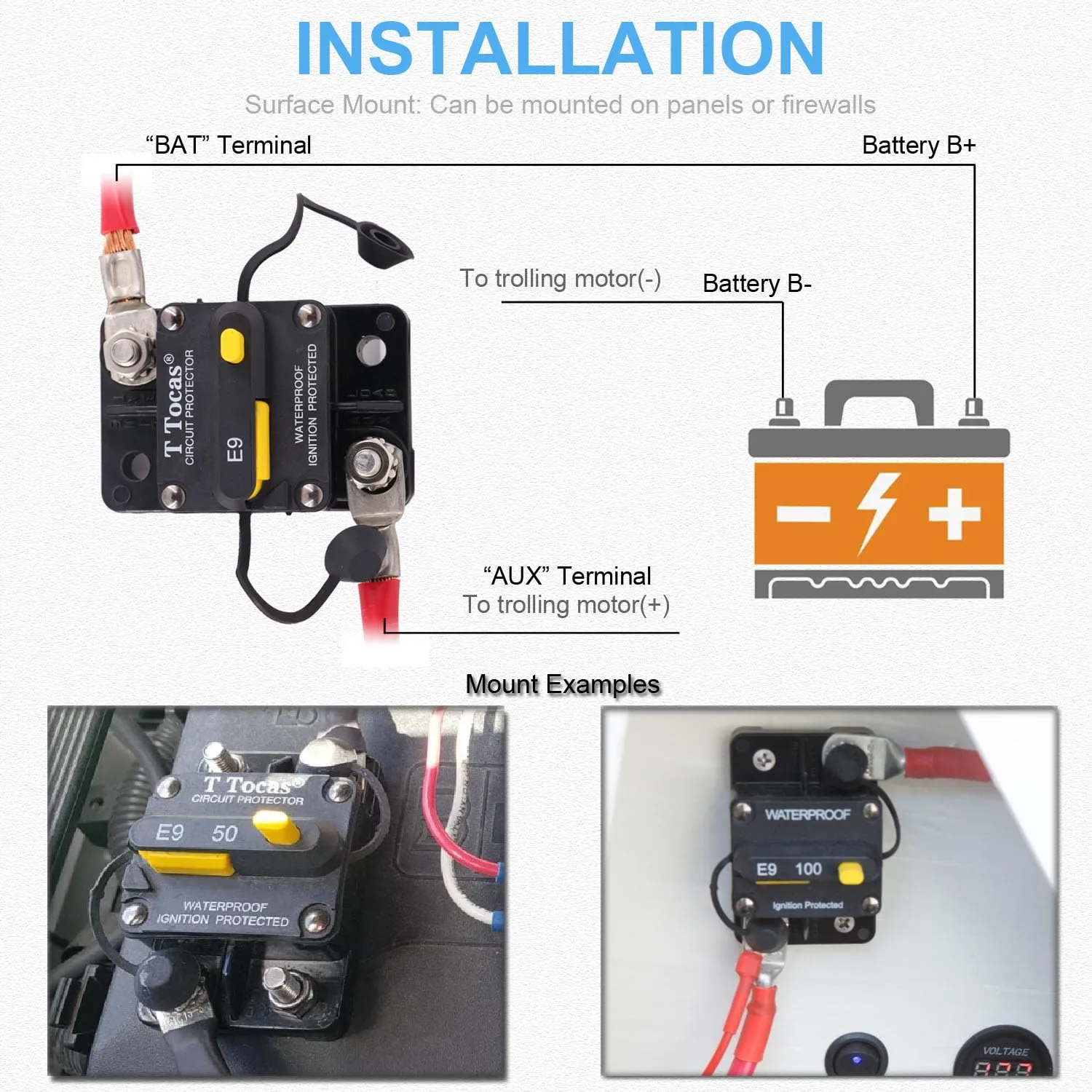 50 Amp Circuit Breakers with Manual Reset Switchable Fuse 50A | 12V-72V DC IP67 Waterproof Protection | UL Certified for Trolling Motor, Automotive, Solar Battery Systems