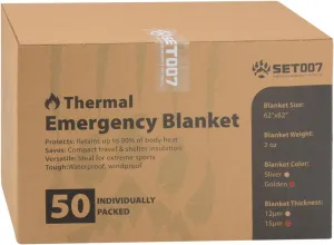 50 Pack Emergency Mylar Thermal Blankets - 82"x62" Waterproof Heat Reflective Blankets, Bulk Rescue Blanket for Survival, Camping, Marathons, Bug Out Bag, First Aid, Golden