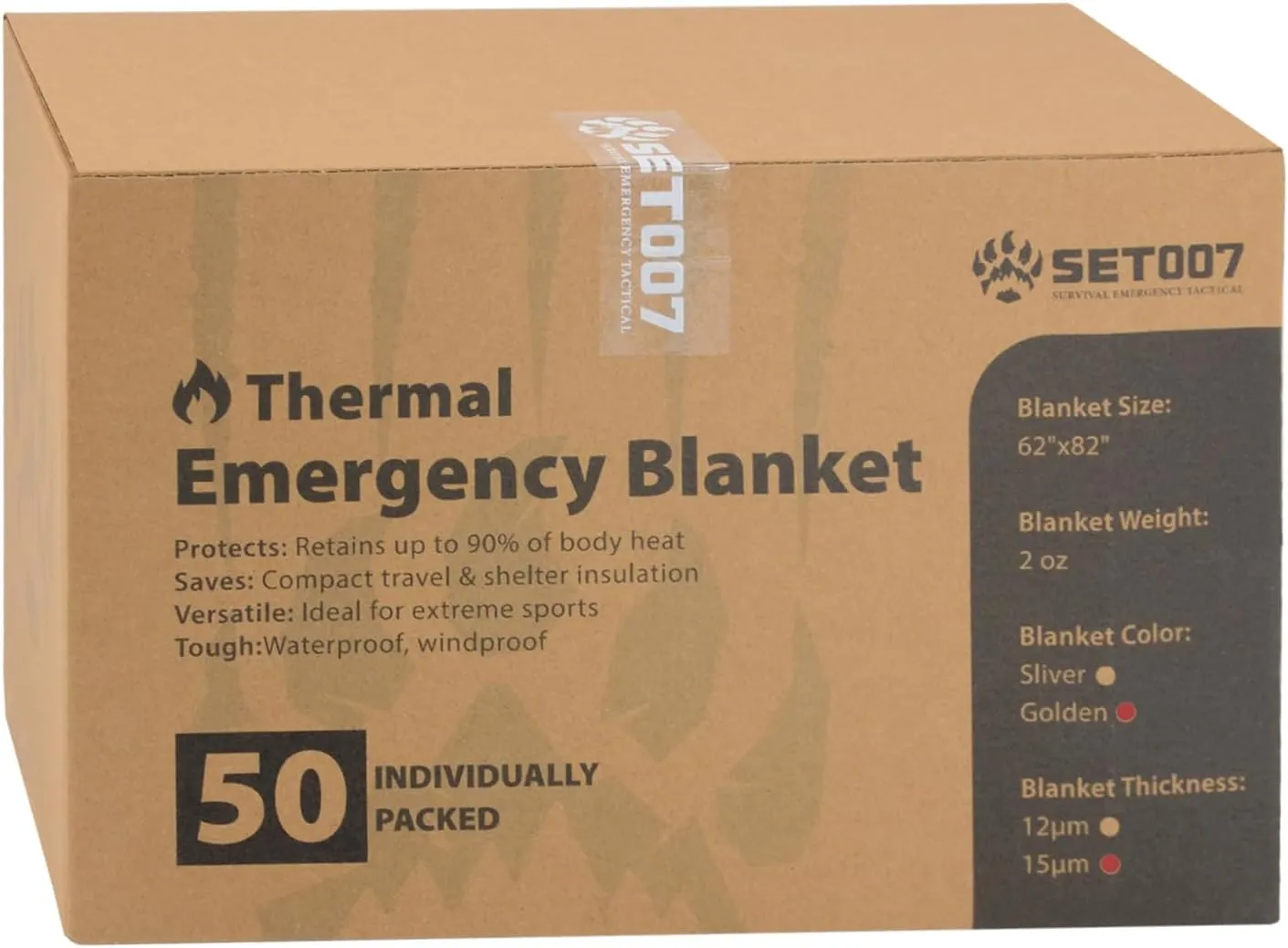 50 Pack Emergency Mylar Thermal Blankets - 82"x62" Waterproof Heat Reflective Blankets, Bulk Rescue Blanket for Survival, Camping, Marathons, Bug Out Bag, First Aid, Golden