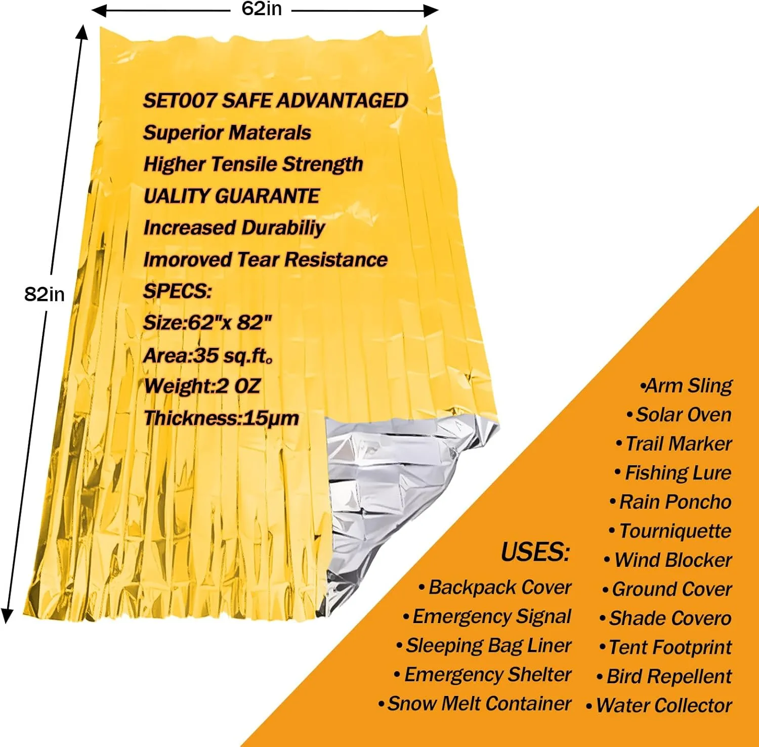 50 Pack Emergency Mylar Thermal Blankets - 82"x62" Waterproof Heat Reflective Blankets, Bulk Rescue Blanket for Survival, Camping, Marathons, Bug Out Bag, First Aid, Golden