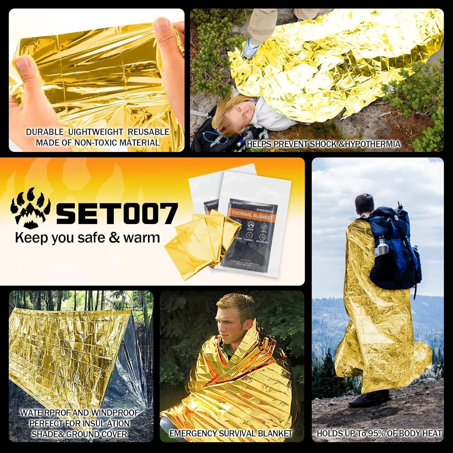 50 Pack Emergency Mylar Thermal Blankets - 82"x62" Waterproof Heat Reflective Blankets, Bulk Rescue Blanket for Survival, Camping, Marathons, Bug Out Bag, First Aid, Golden