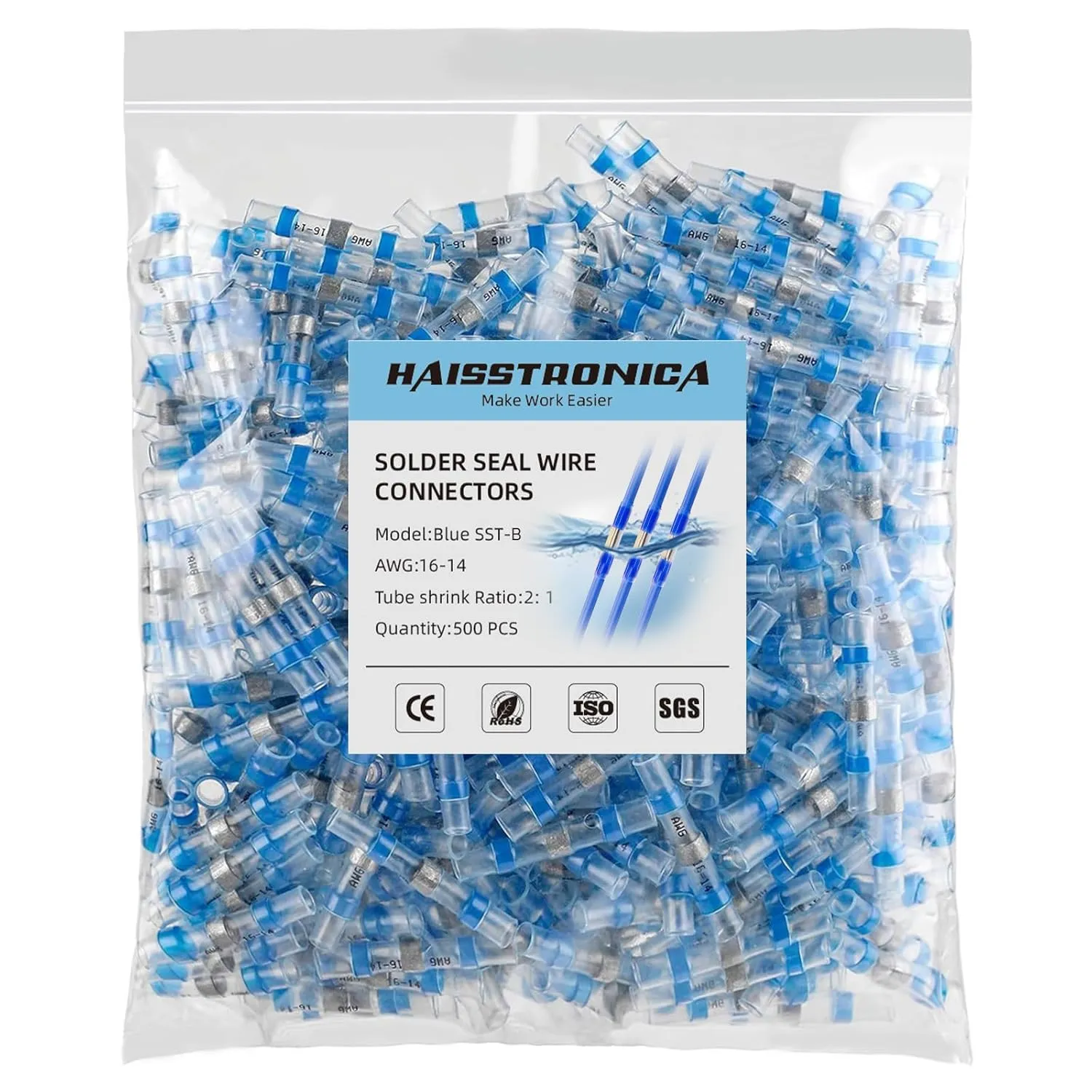 500PCS Blue Solder Seal Wire Connectors AWG16-14,haisstronica Marine Grade Waterproof Solder Wire Connectors,Heat Shrink Butt Connectors,Insulated Butt Splice Electrical Connectors