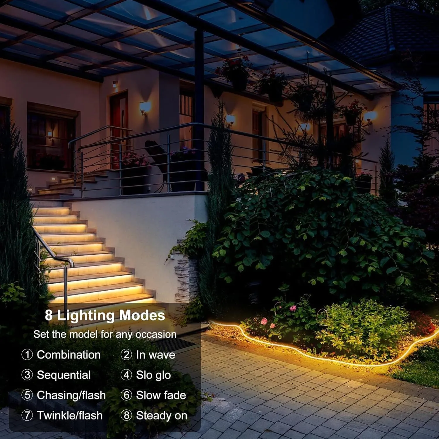 50Ft Solar Strip Lights Outdoor, Waterproof LED Light Strip Auto On/Off, Rechargeable Strip Lights 8 Mode with Remote Timer Acrylic Tape for Deck Patio Pool Pathway Camping Decor (Warm White)