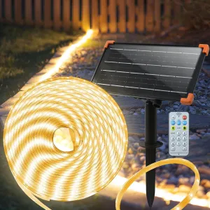 50Ft Solar Strip Lights Outdoor, Waterproof LED Light Strip Auto On/Off, Rechargeable Strip Lights 8 Mode with Remote Timer Acrylic Tape for Deck Patio Pool Pathway Camping Decor (Warm White)
