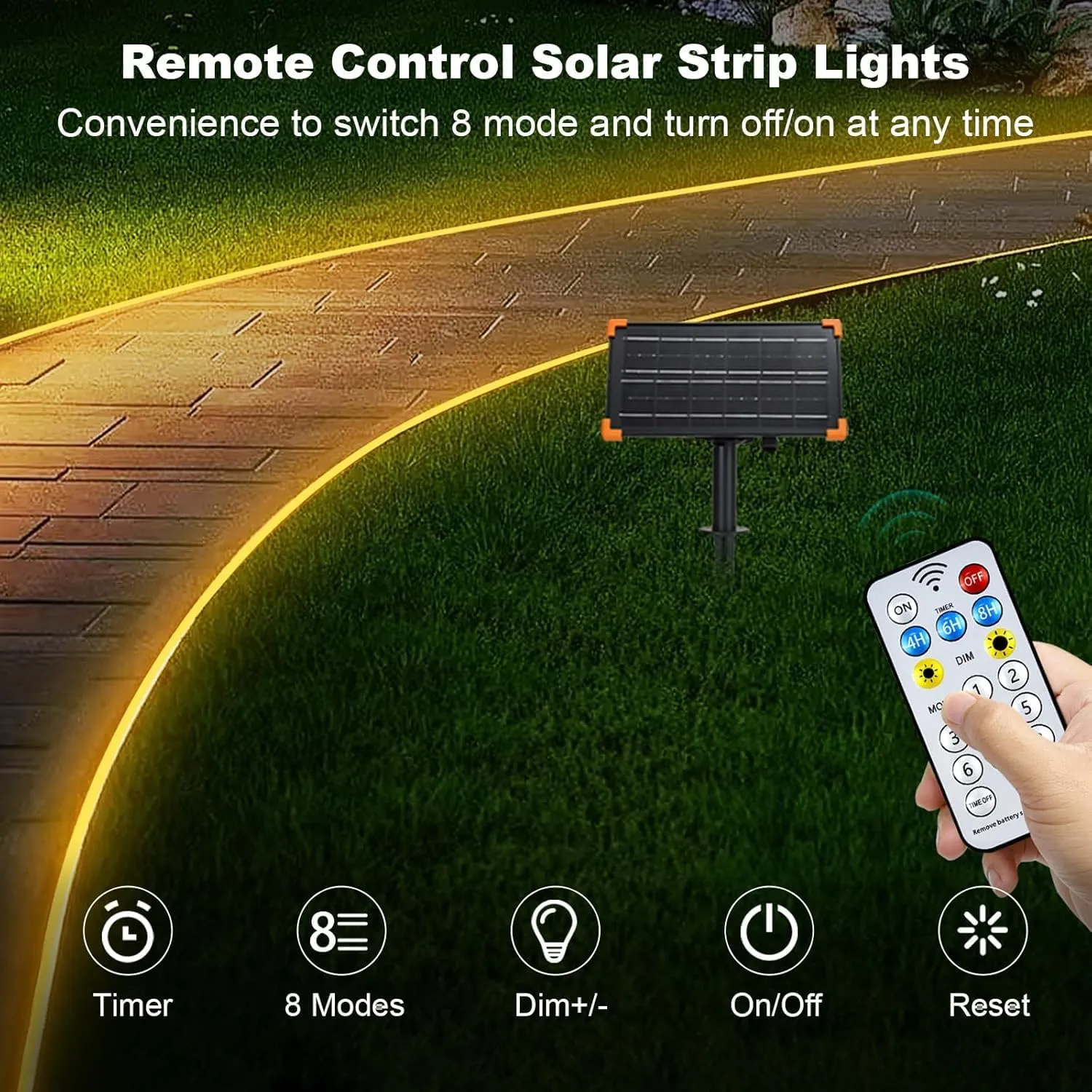 50Ft Solar Strip Lights Outdoor, Waterproof LED Light Strip Auto On/Off, Rechargeable Strip Lights 8 Mode with Remote Timer Acrylic Tape for Deck Patio Pool Pathway Camping Decor (Warm White)