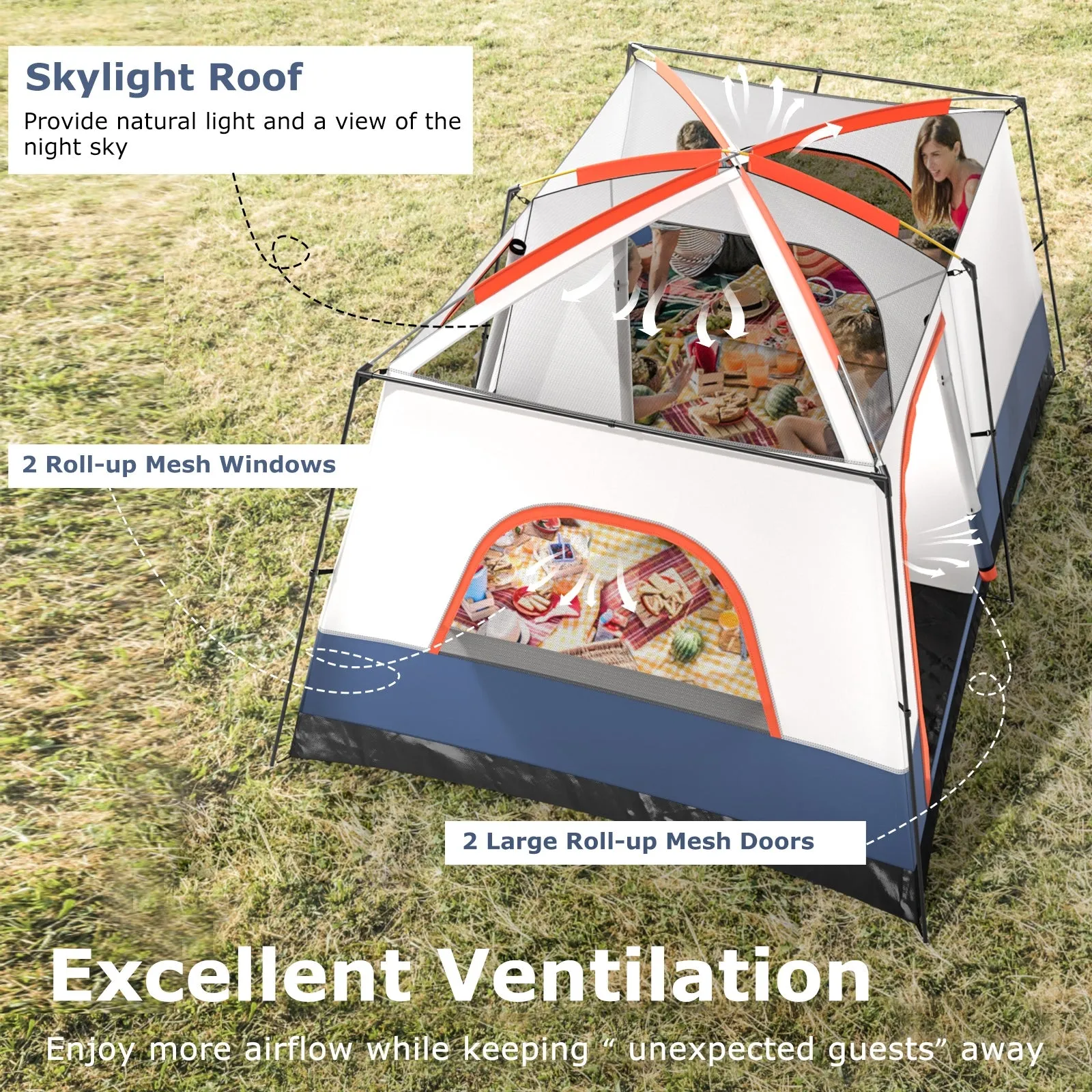 6-8 Person Camping Tent with Double Rooms and 2 Doors-Navy