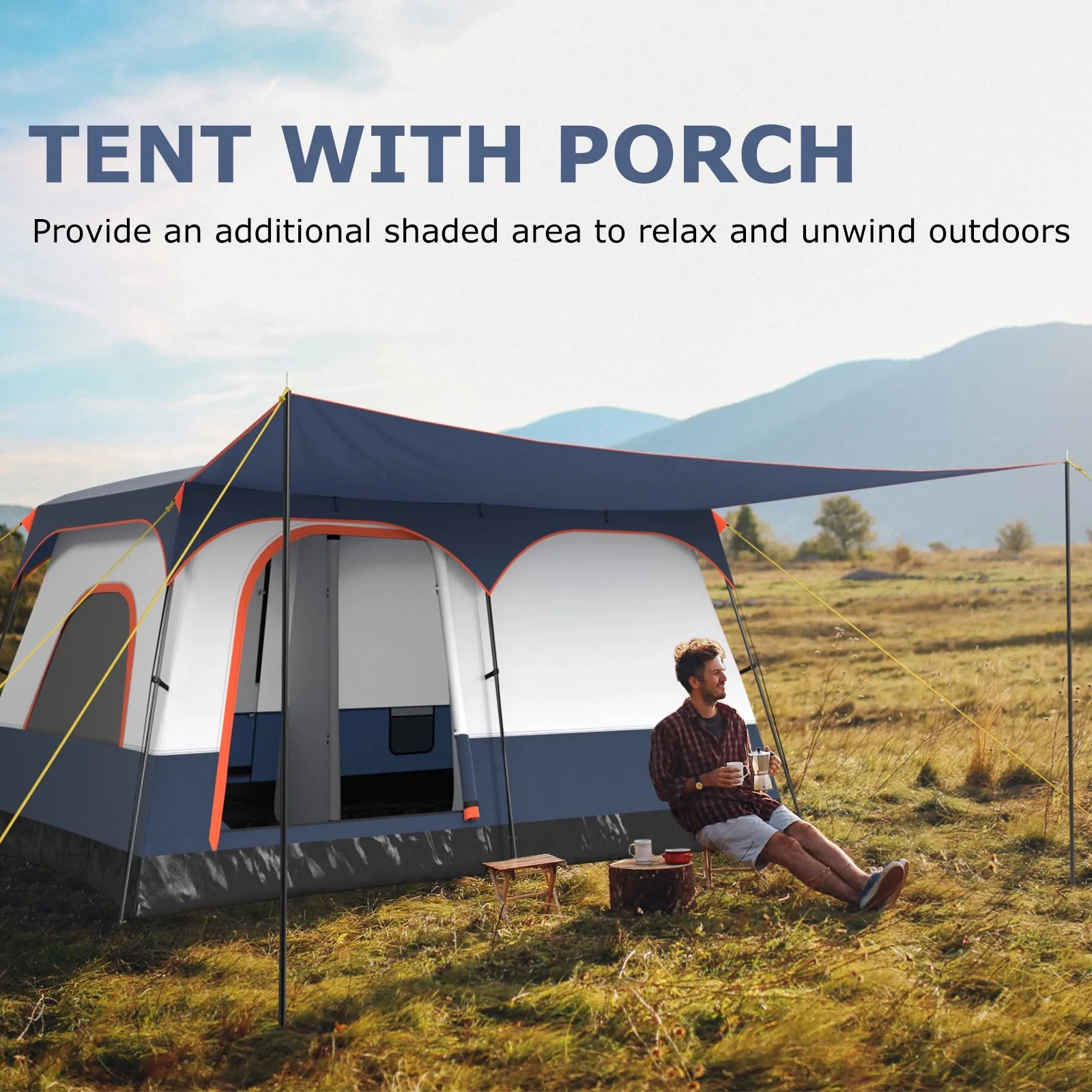 6-8 Person Camping Tent with Double Rooms and 2 Doors-Navy