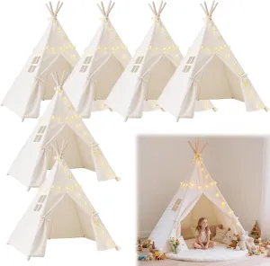 6 Pack Teepee Tent for Kids,Collapsible Kids Teepee Tent with 10 Ft String Lights,White Kid Teepee Boys Girls Indoor Outdoor Slumber Party Sleepover Party