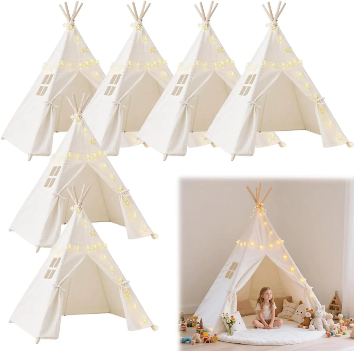 6 Pack Teepee Tent for Kids,Collapsible Kids Teepee Tent with 10 Ft String Lights,White Kid Teepee Boys Girls Indoor Outdoor Slumber Party Sleepover Party