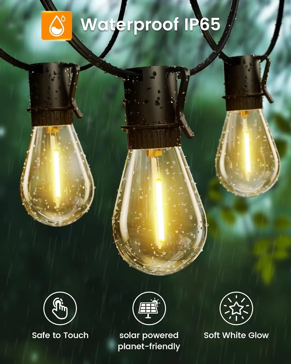 60FT Solar Outdoor String Lights, 18 1 Shatterproof LED Bulbs, Waterproof, USB Rechargeable, 2200K Warm White, Energy-Saving Hanging Patio Lights for Garden, Porch, Bistro, Deck, Camping