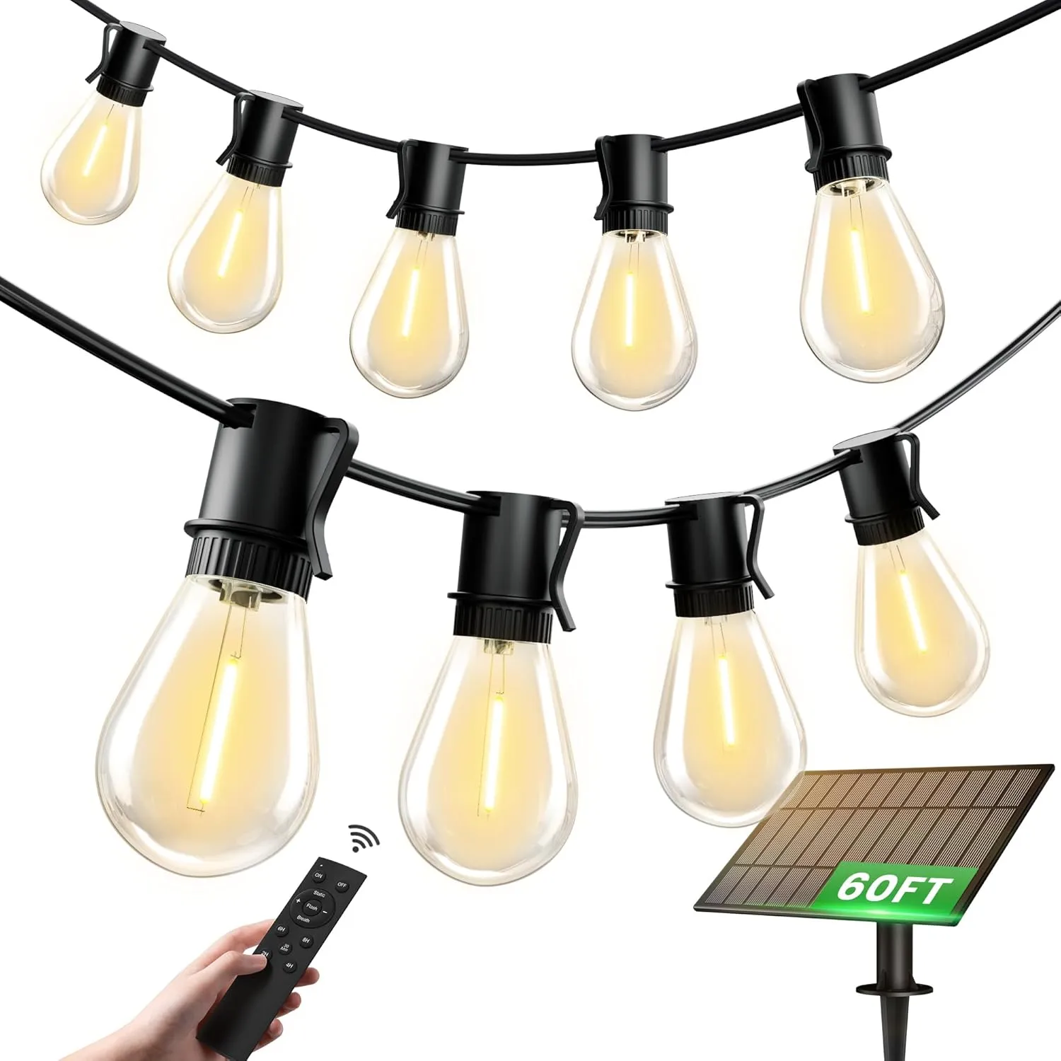 60FT Solar Outdoor String Lights, 18 1 Shatterproof LED Bulbs, Waterproof, USB Rechargeable, 2200K Warm White, Energy-Saving Hanging Patio Lights for Garden, Porch, Bistro, Deck, Camping