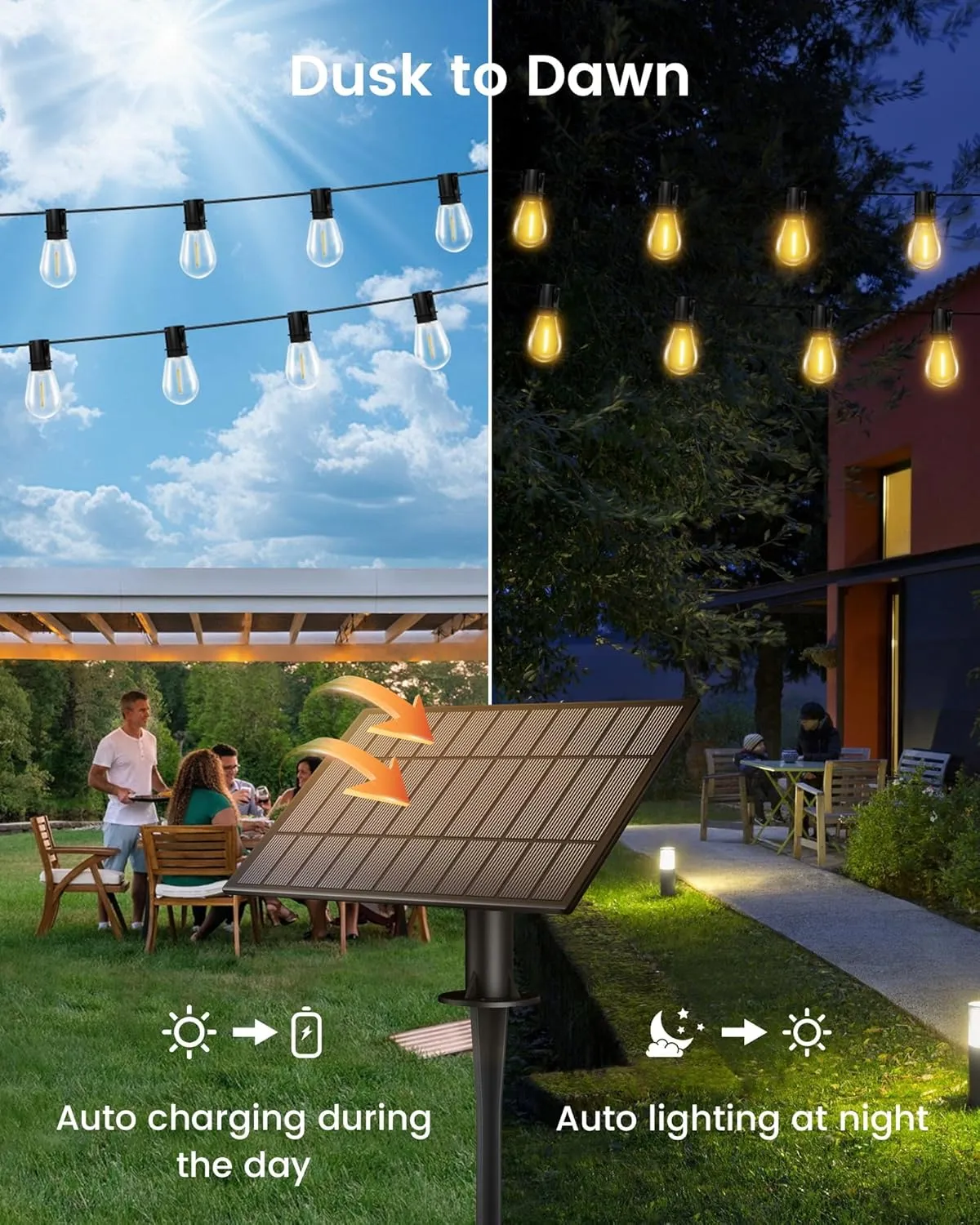 60FT Solar Outdoor String Lights, 18 1 Shatterproof LED Bulbs, Waterproof, USB Rechargeable, 2200K Warm White, Energy-Saving Hanging Patio Lights for Garden, Porch, Bistro, Deck, Camping