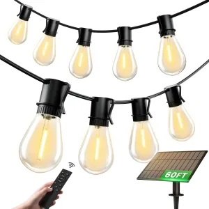 60FT Solar Outdoor String Lights, 18 1 Shatterproof LED Bulbs, Waterproof, USB Rechargeable, 2200K Warm White, Energy-Saving Hanging Patio Lights for Garden, Porch, Bistro, Deck, Camping