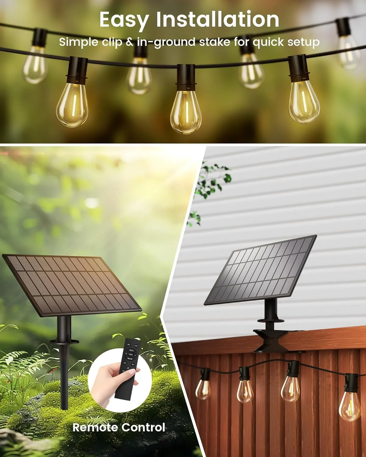60FT Solar Outdoor String Lights, 18 1 Shatterproof LED Bulbs, Waterproof, USB Rechargeable, 2200K Warm White, Energy-Saving Hanging Patio Lights for Garden, Porch, Bistro, Deck, Camping