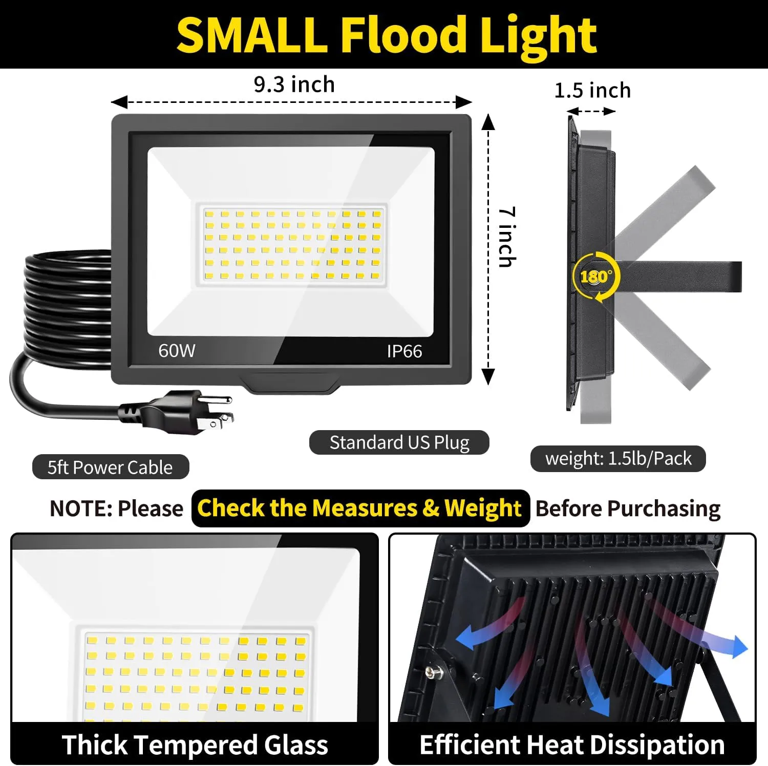 60W LED Flood Light Outdoor with 5FT US Plug, 7200LM Brighter Work Light, IP66 Waterproof Exterior Security Lights, 5000K Daylight White Outside Floodlights for Yard Garage Patio Doorway, 2 Pack