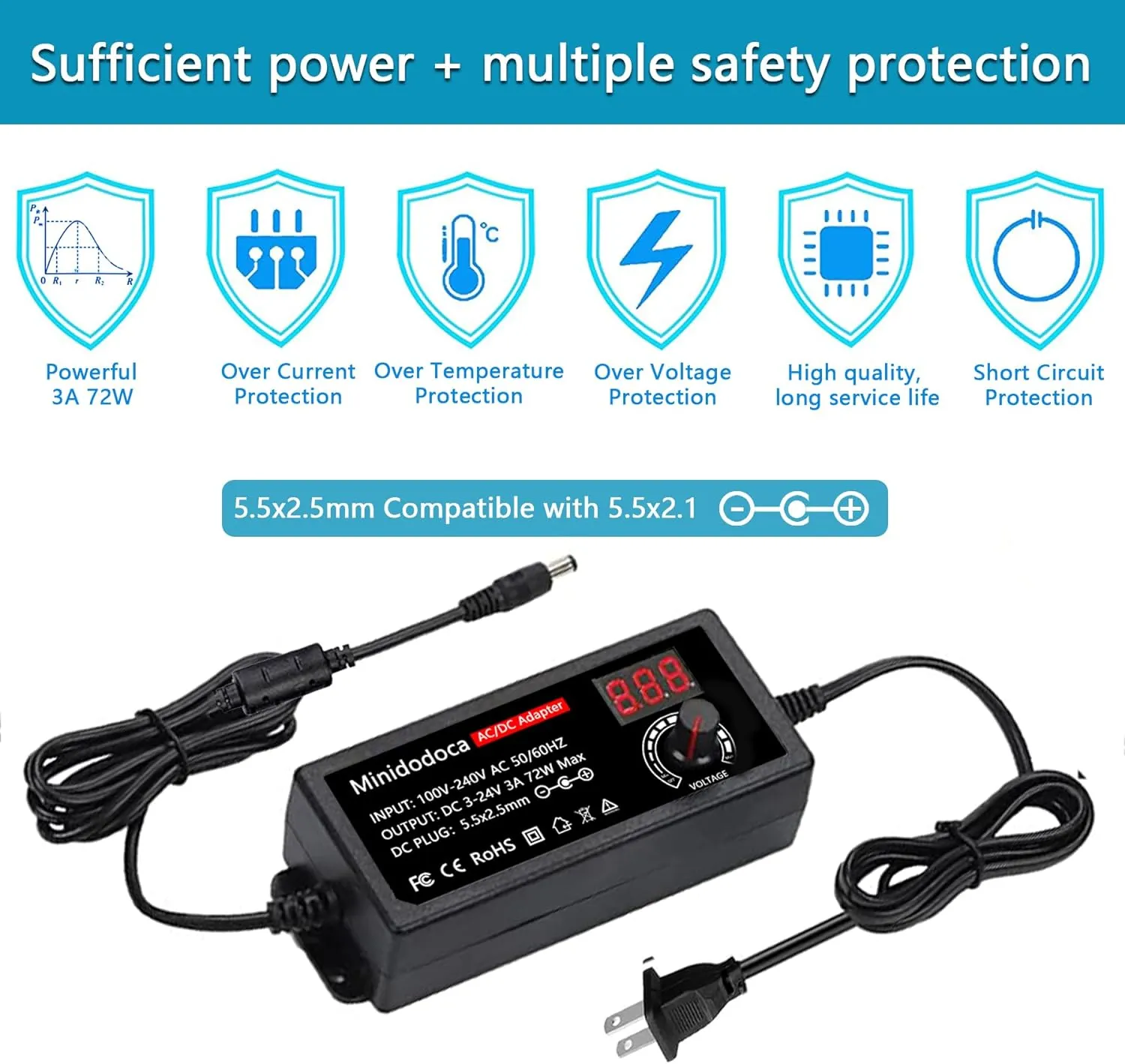 72W Power Supply Adjustable 3V ~ 24V Variable Universal Switching AC/DC Adapter Minidodoca AC to DC Converter with LED Voltage Display and 16 Tips, for 3V to 24V Household Electronics - 3000mA Max
