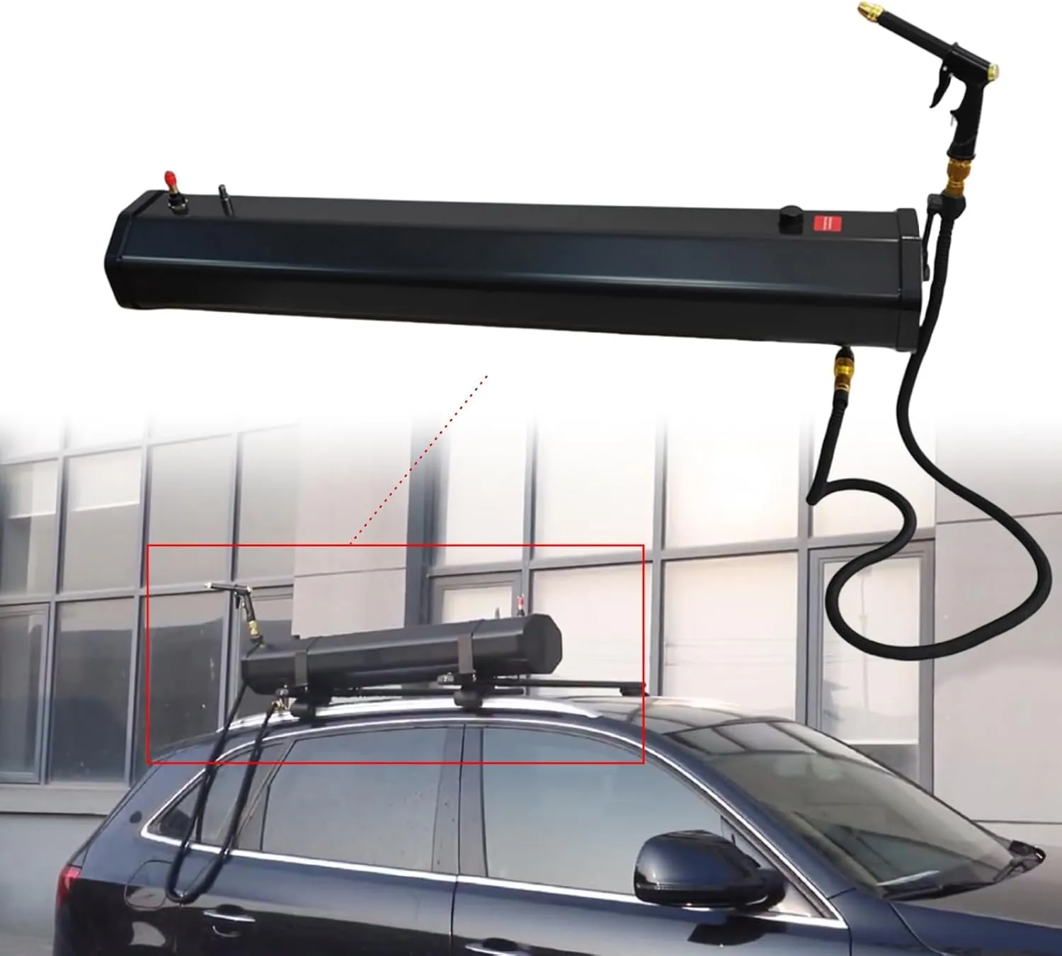 8 Gallon Pressurized Water Tank Road Camping Shower, Roof Rack Mounted Off-Road Shower with High Pressure Water Gun Spray Head for Camping, Water Storage and Outdoor Activities