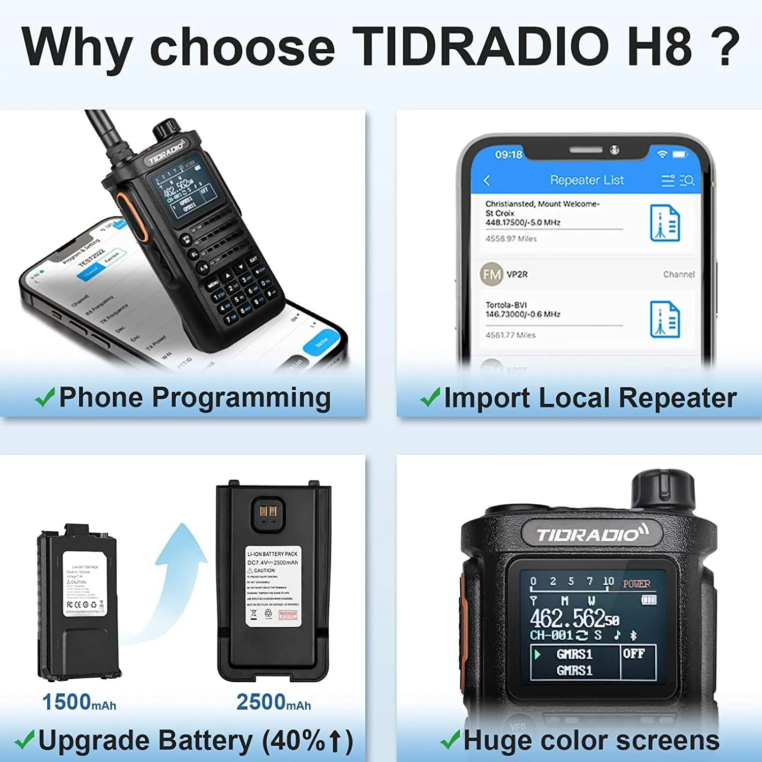8 Watt TD-H8 GMRS Radio Handheld (2nd Gen) with Bluetooth Programming, GMRS Repeater Capable, NOAA, 5 Watt Long Range Two Way Radios Walkie Talkies with 771 GMRS Antenna, 2500mAh Rechargeable Battery