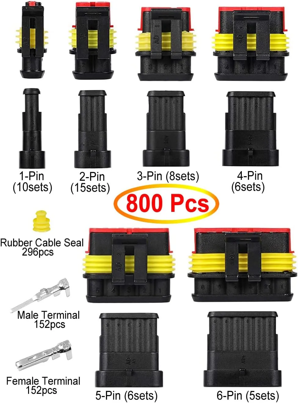 800Pcs 50 Sets Waterproof Automotive Electrical Connectors Electrical Wire Connectors Plug Kit 1/2/3/4/5/6 Pin Waterproof Connectors with Ratchet Crimping Tool