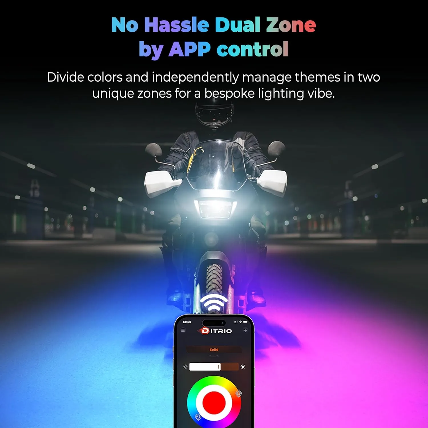 8Pcs Motorcycle Led Underglow Kit with Brake Turn Signal, Motorcycle RGB Lights with DITRIO APP/RF Remote Control, Dual Zone,12V Waterproof Pixelglow Effects for Motorcycles, Golf Carts, ATVs, UTVs