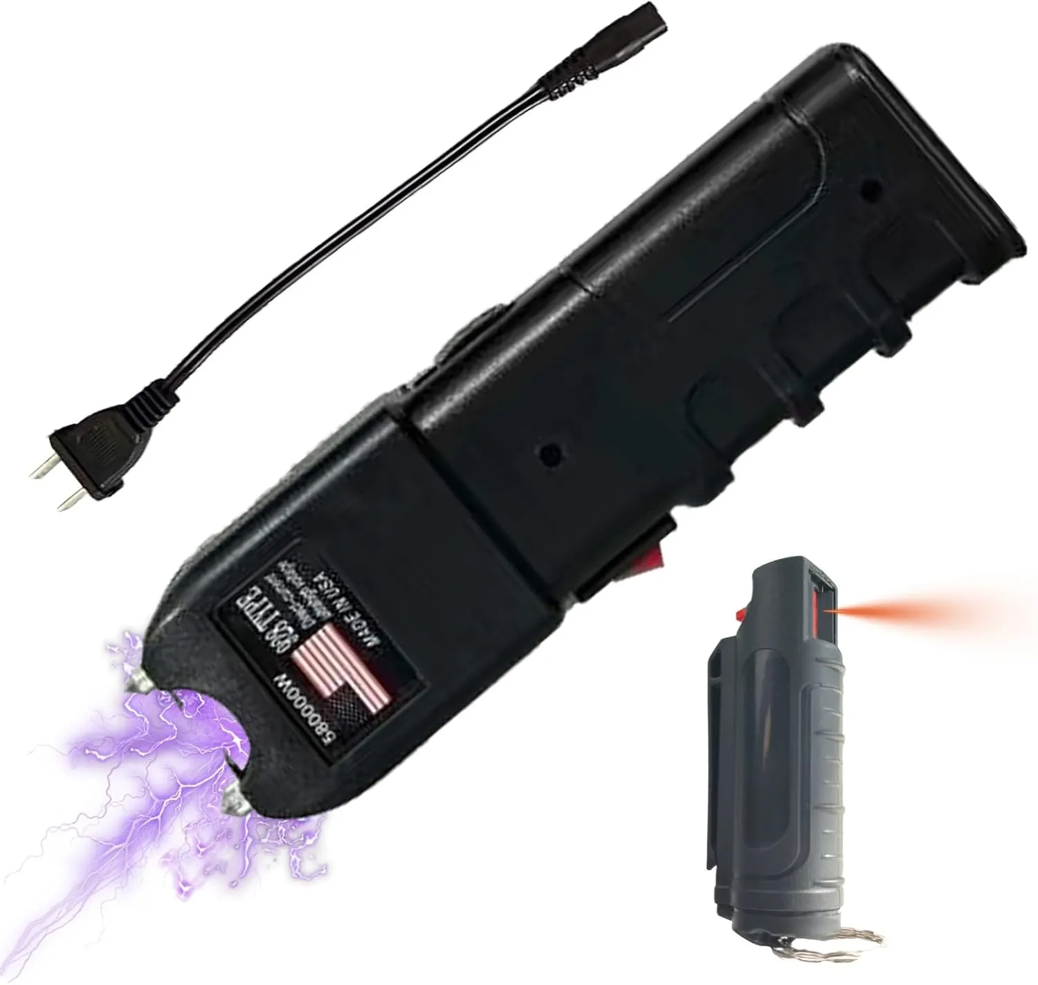 928 Type Heavy Duty Stun Gun and Pepper Spray Combo with Plug Charger Self Defense Kit for Men Rechargeable Safety Device with Clip-On Keychain Spray