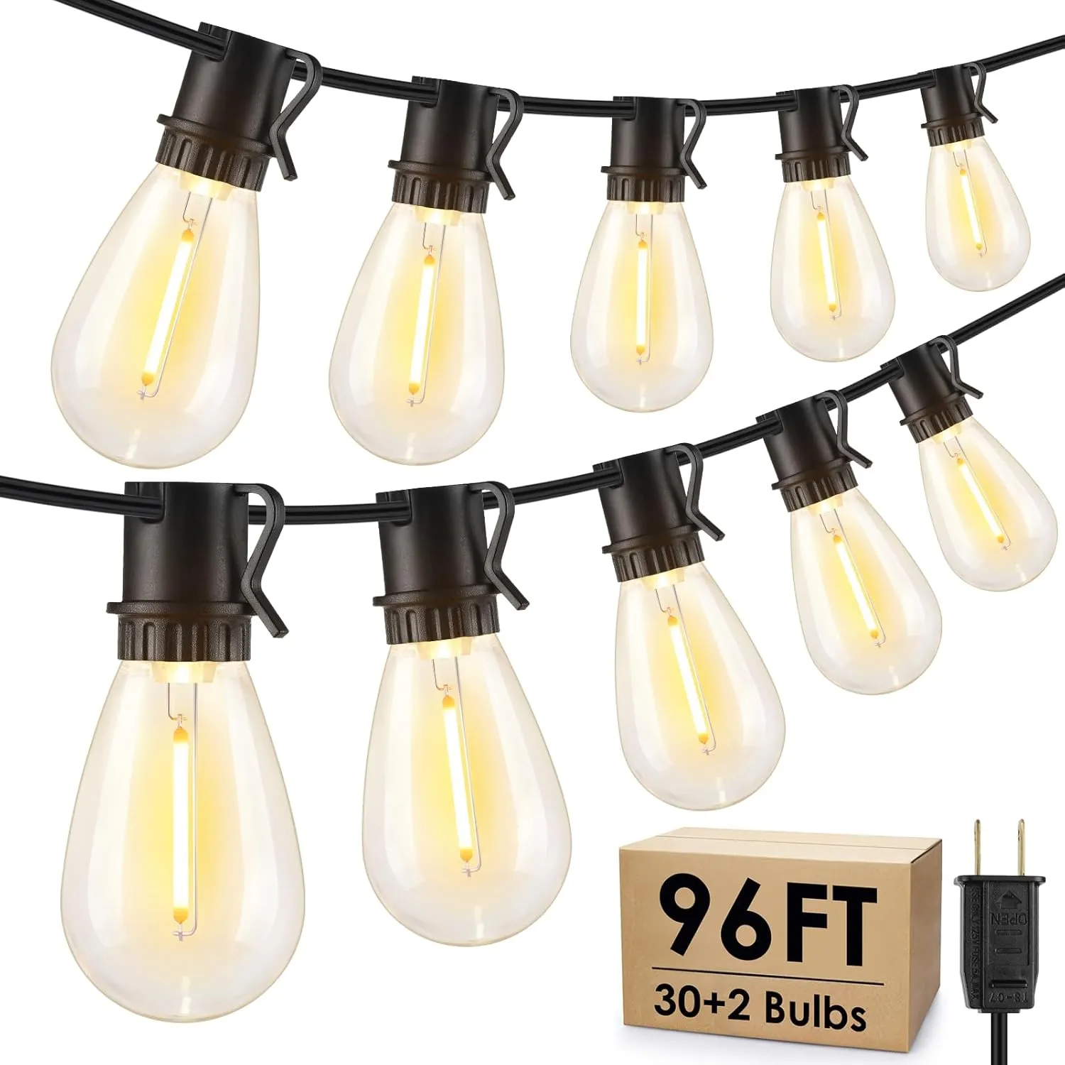 96FT LED Outdoor String Lights, Waterproof Patio Lights with 30 2 2700K Dimmable Shatterproof Edison Hanging Bulbs for Backyard Party-Black